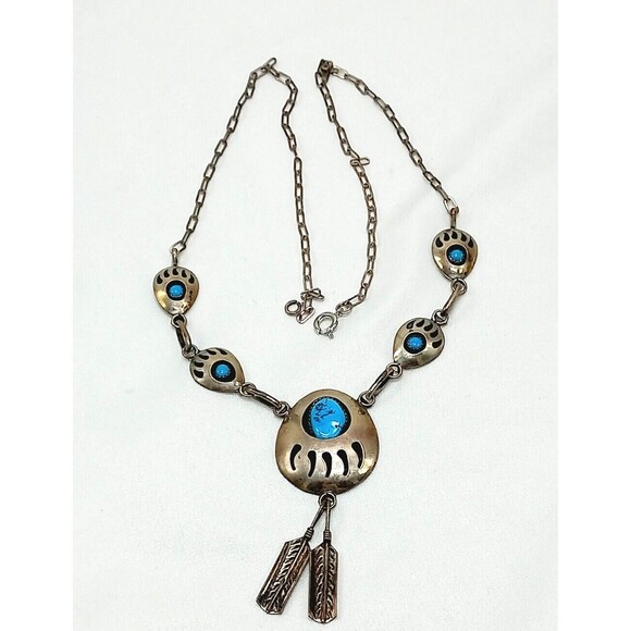 NAVAJO Bear Paw Shadow Box Turquoise W/Dangle Feathers Silver 925 Necklace - Picture 7 of 11